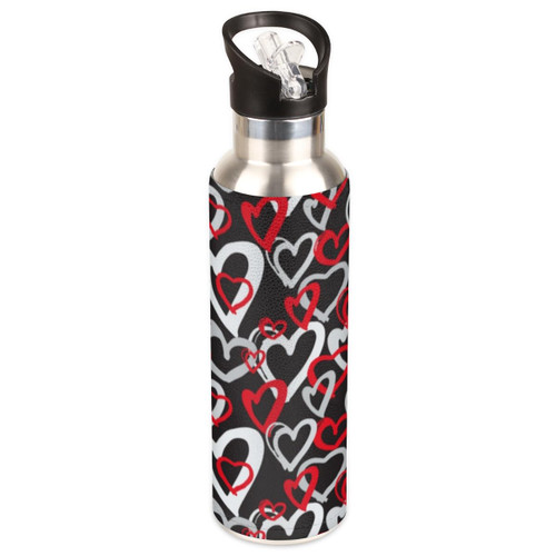 KOBLEN Heart Print Insulated Water Bottle with Straw Stainless Steel Travel Water Bottle 20 Oz Reusable Vacuum Sports Water Bottle for Gym Cycling Camping Hiking