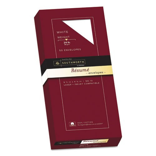 100% Cotton #10 Resume Envelope, White, 24 lbs., Wove, 50/Box, Sold as 1 Box 100% Cotton #10 Resume Envelope, White, 24 lbs., Wove, 50/Box, Sold as 1 Box