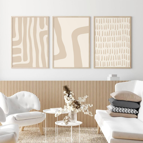 Beige Minimalist Wall Art Decor Neutral Boho Canvas Wall Art Abstract Modern Pictures Painting Line Geometric Wall Art Mid Century Poster Prints Modern Artwork for Bedroom 16x24 Inch Unframed Set of 3