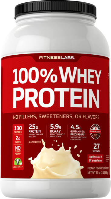 Fitness Labs Whey Protein Powder Unflavored | 2 lb | 25g Protein Unsweetened | 27 Servings | with BCAAs | Non-GMO, Gluten Free Supplement