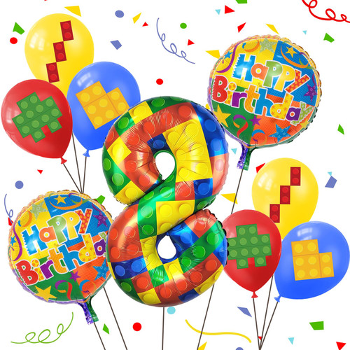 Futureferry 32 Inch Building Block Number Balloons Block Latex Balloons for Colorful Blocks Theme Birthday Party Baby Shower Decorations (Number 8)