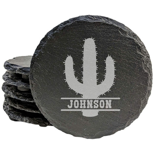 Cactus Personalized Custom Coasters - Round Slate - set of 4