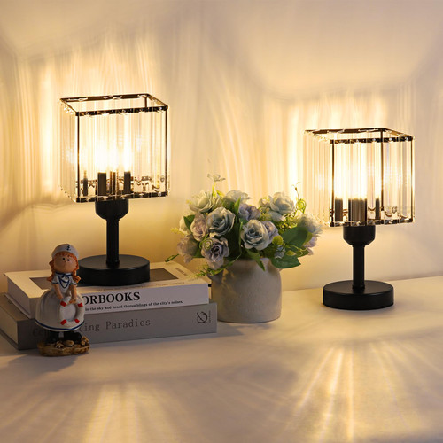 smusei Crystal Bedside Table Lamps Set of 2 Elegant Small Black Desk Lamp with Square Crystal Lamp Shade and Metal Base Decorative Nightstand Reading Lamp Light Fixture for Bedroom Living Room Office