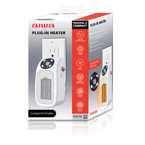Aiwa Electric Outlet Ceramic Plug-In Space Heater with LCD Digital Screen, and Adjustable Thermostat and Timer