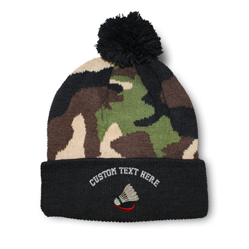 Custom Pom Pom Beanies for Women Badminton B Embroidery Skull Cap Shuttlecock Embroidery Badminton Winter Hats for Men Acrylic 1 Size Camo Personalized Text Here