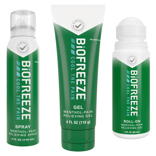 Biofreeze Pain Relief Roll-On, Gel & Spray, Knee & Lower Back Pain Relief, Sore Muscle Relief, Neck Pain Relief, FSA Eligible, Assortment Pack (Menthol 3 FL OZ Roll-On, 4 FL OZ Gel, 4 FL OZ Spray) Biofreeze Pain Relief Roll-On, Gel & Spray, Knee & Lower Back Pain Relief, Sore Muscle Relief, Neck Pain Relief, FSA Eligible, Assortment Pack (Menthol 3 FL OZ Roll-On, 4 FL OZ Gel, 4 FL OZ Spray)