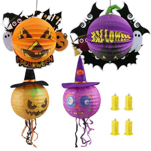 Halloween Paper Lantern Flickering LED Pumpkin Lights, Jack-O-Lantern, Spider Pumpkin Lantern, 12 Inches Party Decoration Hanging Paper Lantern for Halloween Indoor Outdoor Pumpkin Lights, 4 Pcs