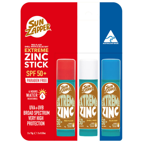 Sun Zapper Extreme Sunscreen Zinc Stick - Red, White, Blue 3-Pack SPF50+ Colored Zinc Oxide Sticks for Face - Made in Australia