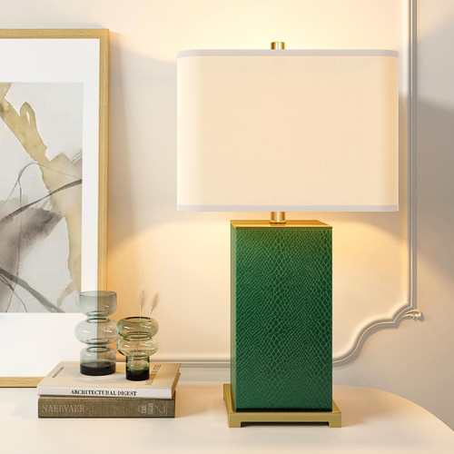 JUNNAI 25" Green Table Lamp: 3-Way Dimmable Nightstand Lamp with White Lampshade, Large Bedroom Bedside Lamp, Modern Lamp for Living Room End Table (LED Bulb Included)