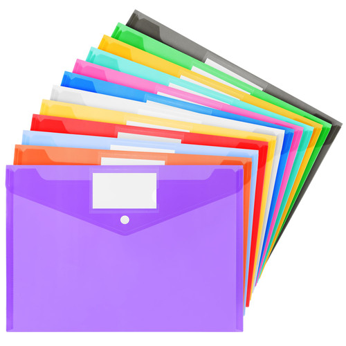 Vobou 12 Pack Plastic Poly Filing Envelopes, Clear Document Folders Letter A4 Size File Envelopes with Label and Pocket Paste Button for School Home Work Office Organization, 12 Assorted Color