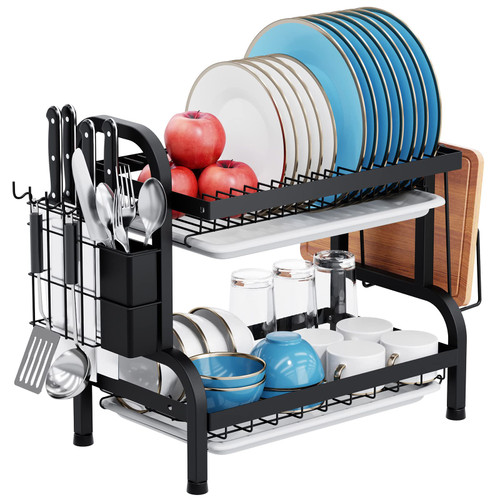 DUANFEE Dish Drying Rack - 2 Tier Dish Rack for Kitchen Counter, Black Dish Racks with Drainboard for Kitchen Countertop, Metal Dish Drainer with Utensil Holders