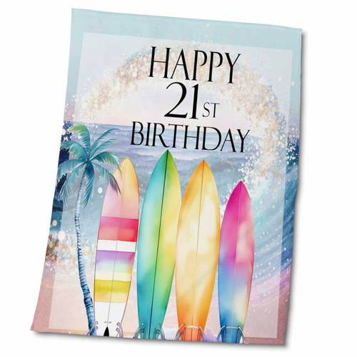 3dRose Happy 21st Birthday with an Ocean Scene and Surfboards - Towels (twl-382057-2)