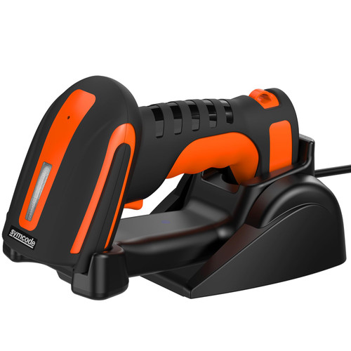 Bluetooth 1D Barcode Scanner with Stand,Symcode Handheld Wireless 1D Laser Industrial Dustproof and Waterproof USB Cordless Automatic Barcode Scanner with Vibration Alert Orange