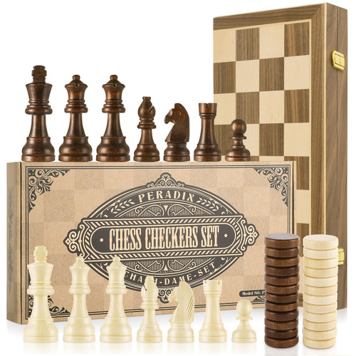 Peradix 2 in 1 Magnetic Wooden Chess Set - 15" Folding Wooden Board, Portable Chess & Checkers Set - 2 Extra Queens (Walnut Chess & Checker Set)