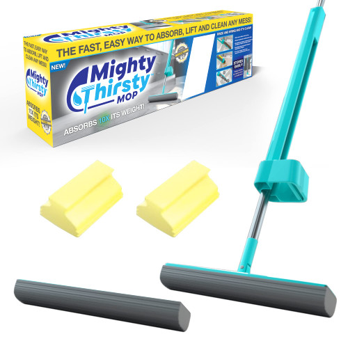 Mighty Thirsty Mop - 10X Super Absorbent Self Wringing Mop, Easy-to-Clean & Easy-to-Store Mop w/ 1 Free Mop Head & 2 Mighty Thirsty Sponges, Floor Mop w/ Head Replacement, Household Essentials