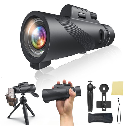 80x100 HD Monocular Telescope, Monoculars for Adults High Powered with Smartphone Adapter & Tripod, Hiking Gear Night Vision Hunting Camping Star Watching Bird Wildlife (Black)