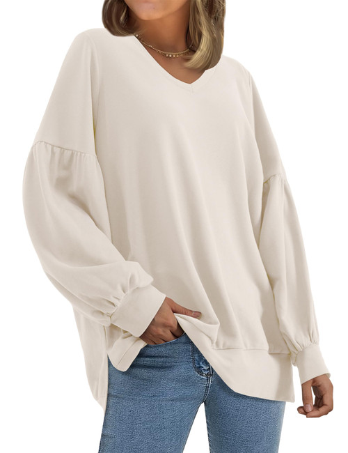 Amoretu Women Tops 2024 Long Sleeve Sweatshirt V Neck Shirt, Cream XL