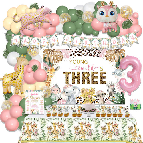 Hombae Young Wild and Three Decorations Girl, Jungle Safari Animal Theme 3rd Birthday Party Decorations Backdrop Balloon Artificial Leaf Banner Tablecloth Cake Cupcake Topper Poster Crown 148 PCs