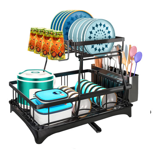 BaverlyBlue Dish Drying Rack with Drainboard, 2 Tier Dish Drying Rack Easy to Install Dish Racks for Kitchen Counter with Utensil Holder Dish Drying Rack 2 Tier (Tier Dish Rack)