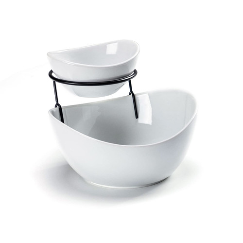 UNICASA Serving Bowls Set, 2 Tier Chip and Dip Bowls with Metal Rack Stand for Fruit, Salad, Candy, Snacks - Ceramic Tiered Appetizer Serving Dishes Food Display Stand for Parties, Kitchen