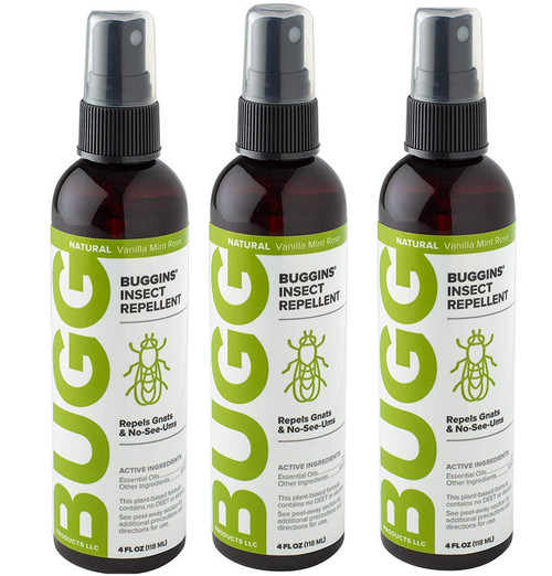 Buggins Natural Insect Repellent, DEET-Free, Repels Gnats & Flies, Plant Based, Vanilla Mint & Rose Scent, 4-oz (3 Pack)