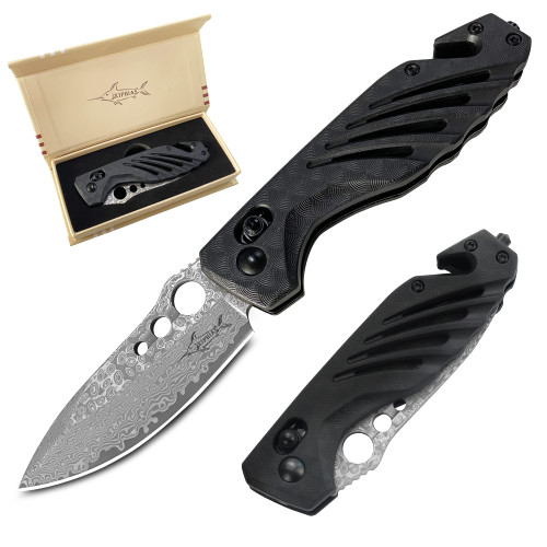 XIPHIAS 4.25" EDC Axis Lock Folding Pocket Knife Tactical Knife with Pocket Clip,Glass Breaker,Seat Belt Cutter Emergency Multitool FK045 (Damascus Steel Blade)
