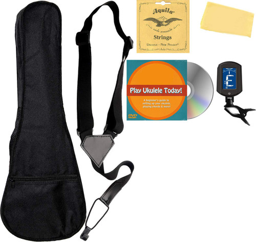 Concert Ukulele Accessory Bundle with Gig Bag, Aquila Strings, Tuner, Strap, Fender Play Online Lessons, Austin Bazaar Instructional DVD, and Polishing Cloth