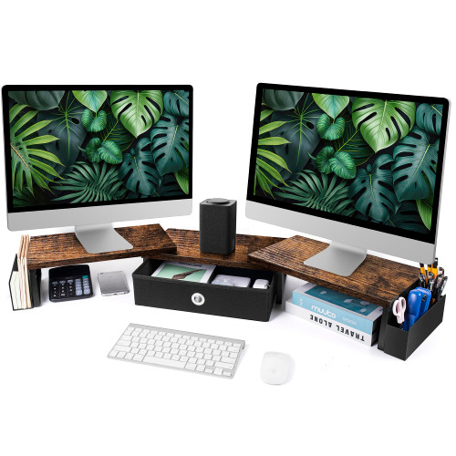 Dual Monitor Stand Riser w/ Drawer & Metal Leg, Large Computer Monitor Riser w/ Storage For 2 Monitors, Desk Shelf For Monitor w/ Adjustable Length & Angle, Desktop Organizer For Laptop/TV/Printer