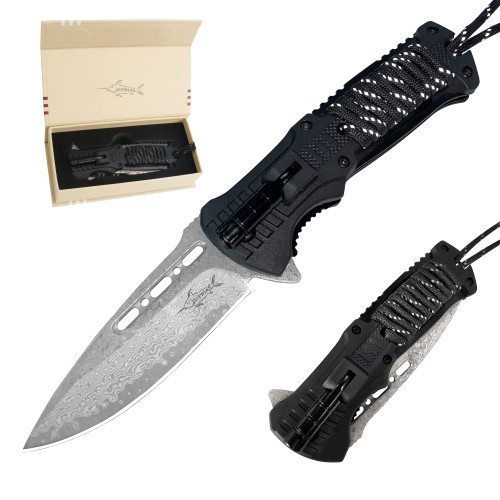 XIPHIAS EDC Tactical Damascus Steel Folding Pocket Knife Survival Camping Multitool Knife with LED Light,Magnesium Fire Starter,Whistle,Paracord,Pocket Clip and Knife Pouch FK039-DA (Black)