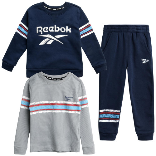 Reebok Boys Sweatsuit - 3 Piece Long Sleeve T-Shirt and Knit Jogger Sweatpants - Playwear Clothing Set for Toddler Boys, 2T-7, Size 2T, Vector Navy