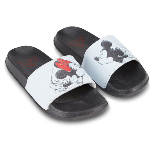 Disney Ladies Minnie and Mickey Slides - Ladies Classic Mickey and Minnie Mouse Slide Sandals Mickey & Minnie Mouse Slip On Slides (White, 9)