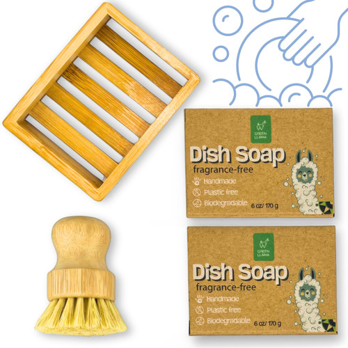 Green Llama Eco-Friendly Dish Washing Bar Soap Set with 2 Fragrance-Free Solid Coconut Oil Bars, Sisal Scrub Brush, and Bamboo Holder - Sustainable Kitchen Cleaning set