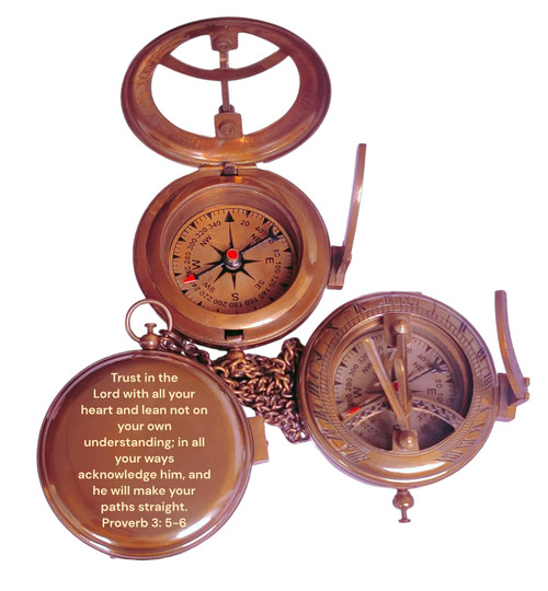 Engraved Sundial Compass with Special Quote ''Trust in The Lord -Proverbs 3: 5-6 in The Direction of Your Dreams, Baptism Compass, Sundial Compass with Leather Case