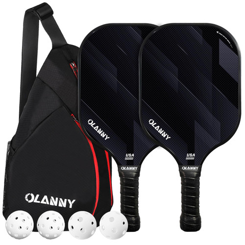 OLANNY Pickleball Paddles Rackets Fiber Face & Polymer Honeycomb Core Pickleball Set Lightweight Pickleball Set 2 Paddles with 4 Balls and a Bag for Kids & Beginners