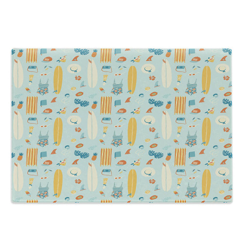 Ambesonne Hawaii Cutting Board, Repetitive Summer Items with Pattern Surfboard Ice Cream Bikini Ananas, Decorative Tempered Glass Cutting and Serving Board, Large Size, Pale Blue and Multicolor