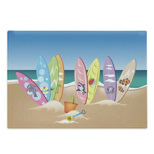 Ambesonne Ocean Cutting Board, Illustration of Surfboards on the Sandy Beach the Skyd the Sea Theme Print, Decorative Tempered Glass Cutting and Serving Board, Large Size, Multicolor