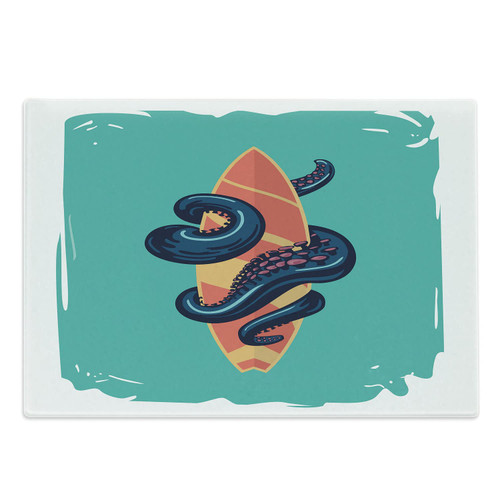 Lunarable Octopus Cutting Board, Octopus Tentacles with Surf Board Water Sports Retro Style Poster Illustration, Decorative Tempered Glass Cutting and Serving Board, Large Size, Teal Orange