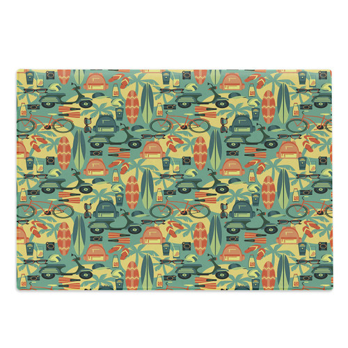 Lunarable Summer Cutting Board, Holiday Theme Flip Flops Surfboard Sunglasses Palm Trees Scooter Modern Graphic, Decorative Tempered Glass Cutting and Serving Board, Large Size, Multicolor