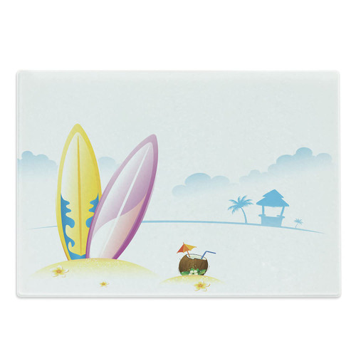 Lunarable Surfboard Cutting Board, Illustration of Surfing Board with Tender Coconut on Sea Beach Bungalow Horizon, Decorative Tempered Glass Cutting and Serving Board, Large Size, Multicolor