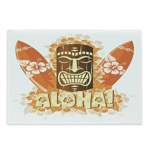Ambesonne Tiki Bar Cutting Board, Hibiscus Flora Burst Orange Surfboards Aloha Tropical Summer Season, Decorative Tempered Glass Cutting and Serving Board, Large Size, Orange Brown Pale Yellow
