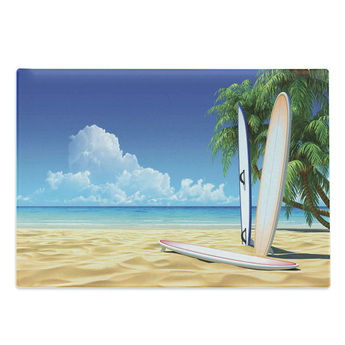 Lunarable Tropical Cutting Board, Surf Board on the Sand by Ocean Sea Idyllic Serene Coast Paradise Image, Decorative Tempered Glass Cutting and Serving Board, Large Size, Royal Blue Sand Brown