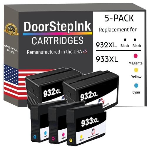 DoorStepInk Remanufactured in The USA Ink Cartridge Replacements for HP 932 XL 932XL 2 Black & HP 933 XL 933XL Cyan, Magenta, Yellow 5-Pack Printer Ink for HP OfficeJet 6600, 6700