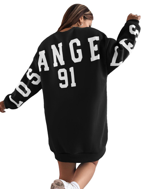 GORGLITTER Women's Letter Graphic Drop Shoulder Sweatshirt Dress Crewneck Long Sleeve Top Black Small