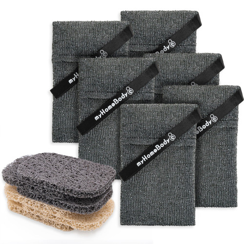myHomeBody Soap Pocket Exfoliating Soap Saver Pouch | Body Scrubber Sponge, Exfoliator for Bath or Shower | for Large Bar Soap or Leftover Bits | Graphite Gray, 6 Pack + 6 Soap Lifting Pads