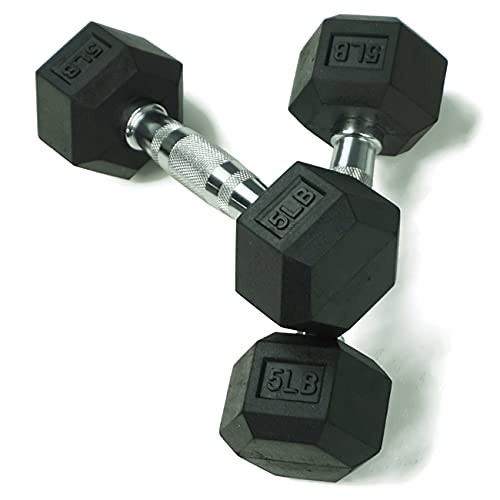Titan Fitness 5 LB Pair Free Weights, Black Rubber Coated Hex Dumbbell, Ergonomic Cast Iron Handle, Strength Training