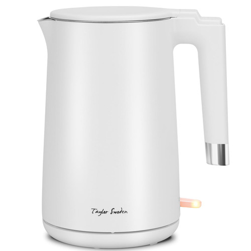 Taylor Swoden Electric Tea Kettles for Boiling Water, Double Wall Stainless Steel 1.5L Hot Water Boiler with Auto Shut-Off & Boil Dry Protection, Cordless Base & LED Indicator, 1500W, White