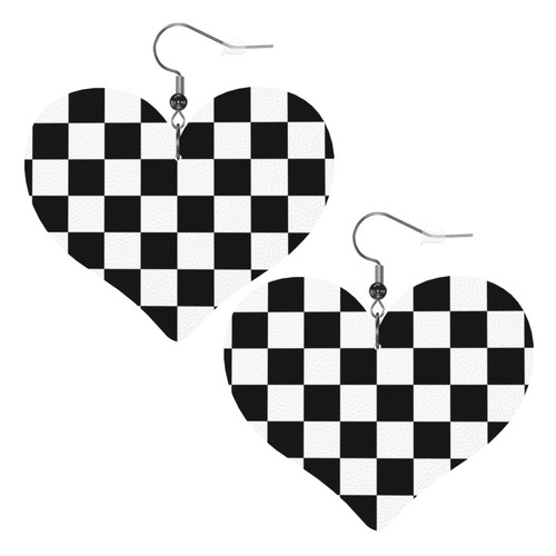 Black And White Checkered Faux Leather Earrings For Women Lightweight Checkerboard Heart Dangle Earrings