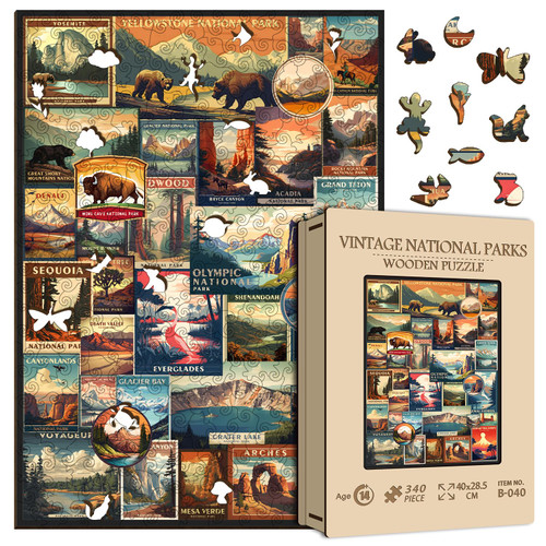 Wooden Vintage National Parks Puzzle for Adults 340 Pieces, Travel Poster Landscape Puzzle Including Yellowstone Zion Acadia Yosemite, Wooden Jigsaw Puzzles Nature Scenery Mountain Scene