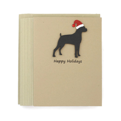 Boxer Christmas Cards Pack of 10 | Handmade Black Dog Holiday Notecards | Dog with Santa Hat | Kraft Brown with envelopes