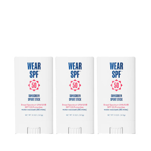 WearSPF 50 Sunscreen Sport Stick with Broad Spectrum SPF 50 UVA/UVB Protection, Sweat- & Water-Resistant Portable Hands-Free Stick for Face & Body, 3-pack